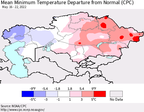 Kazakhstan Mean Minimum Temperature Departure from Normal (CPC) Thematic Map For 5/16/2022 - 5/22/2022