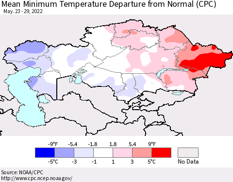 Kazakhstan Mean Minimum Temperature Departure from Normal (CPC) Thematic Map For 5/23/2022 - 5/29/2022