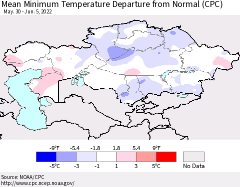 Kazakhstan Mean Minimum Temperature Departure from Normal (CPC) Thematic Map For 5/30/2022 - 6/5/2022