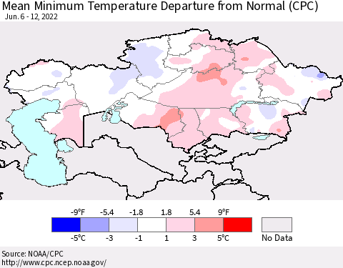 Kazakhstan Mean Minimum Temperature Departure from Normal (CPC) Thematic Map For 6/6/2022 - 6/12/2022