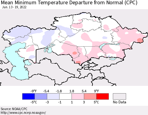 Kazakhstan Mean Minimum Temperature Departure from Normal (CPC) Thematic Map For 6/13/2022 - 6/19/2022
