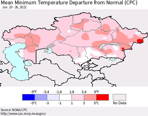 Kazakhstan Mean Minimum Temperature Departure from Normal (CPC) Thematic Map For 6/20/2022 - 6/26/2022