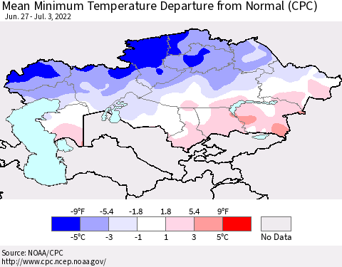 Kazakhstan Mean Minimum Temperature Departure from Normal (CPC) Thematic Map For 6/27/2022 - 7/3/2022