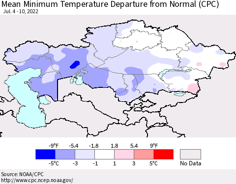 Kazakhstan Mean Minimum Temperature Departure from Normal (CPC) Thematic Map For 7/4/2022 - 7/10/2022