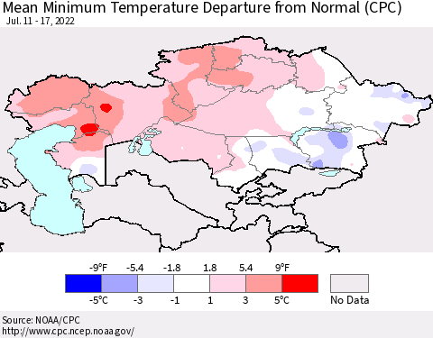 Kazakhstan Mean Minimum Temperature Departure from Normal (CPC) Thematic Map For 7/11/2022 - 7/17/2022