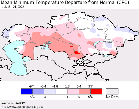 Kazakhstan Mean Minimum Temperature Departure from Normal (CPC) Thematic Map For 7/18/2022 - 7/24/2022