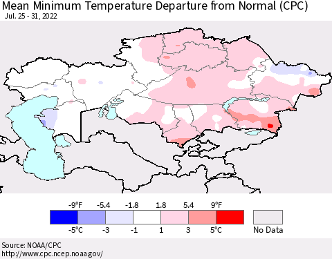 Kazakhstan Mean Minimum Temperature Departure from Normal (CPC) Thematic Map For 7/25/2022 - 7/31/2022
