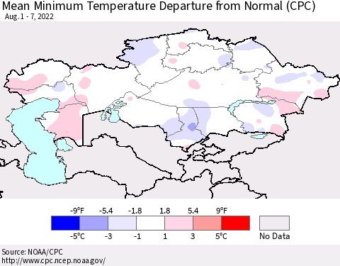 Kazakhstan Mean Minimum Temperature Departure from Normal (CPC) Thematic Map For 8/1/2022 - 8/7/2022