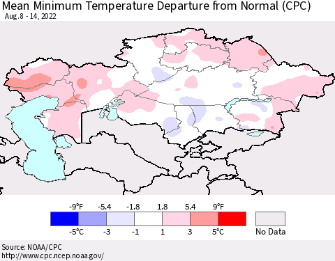 Kazakhstan Mean Minimum Temperature Departure from Normal (CPC) Thematic Map For 8/8/2022 - 8/14/2022