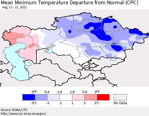 Kazakhstan Mean Minimum Temperature Departure from Normal (CPC) Thematic Map For 8/15/2022 - 8/21/2022