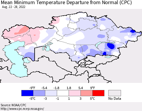 Kazakhstan Mean Minimum Temperature Departure from Normal (CPC) Thematic Map For 8/22/2022 - 8/28/2022