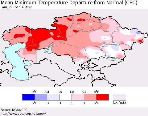 Kazakhstan Mean Minimum Temperature Departure from Normal (CPC) Thematic Map For 8/29/2022 - 9/4/2022