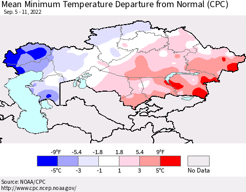 Kazakhstan Mean Minimum Temperature Departure from Normal (CPC) Thematic Map For 9/5/2022 - 9/11/2022