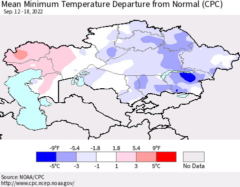 Kazakhstan Mean Minimum Temperature Departure from Normal (CPC) Thematic Map For 9/12/2022 - 9/18/2022