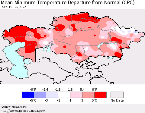 Kazakhstan Mean Minimum Temperature Departure from Normal (CPC) Thematic Map For 9/19/2022 - 9/25/2022