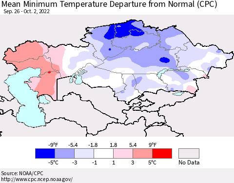 Kazakhstan Mean Minimum Temperature Departure from Normal (CPC) Thematic Map For 9/26/2022 - 10/2/2022
