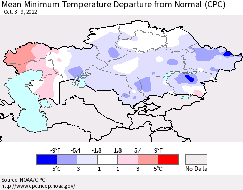 Kazakhstan Mean Minimum Temperature Departure from Normal (CPC) Thematic Map For 10/3/2022 - 10/9/2022