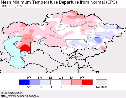 Kazakhstan Mean Minimum Temperature Departure from Normal (CPC) Thematic Map For 10/10/2022 - 10/16/2022