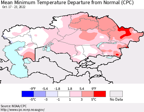 Kazakhstan Mean Minimum Temperature Departure from Normal (CPC) Thematic Map For 10/17/2022 - 10/23/2022