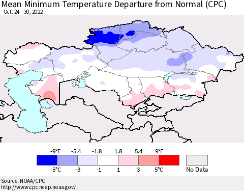 Kazakhstan Mean Minimum Temperature Departure from Normal (CPC) Thematic Map For 10/24/2022 - 10/30/2022