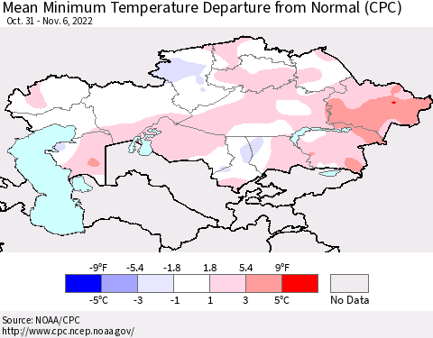 Kazakhstan Mean Minimum Temperature Departure from Normal (CPC) Thematic Map For 10/31/2022 - 11/6/2022