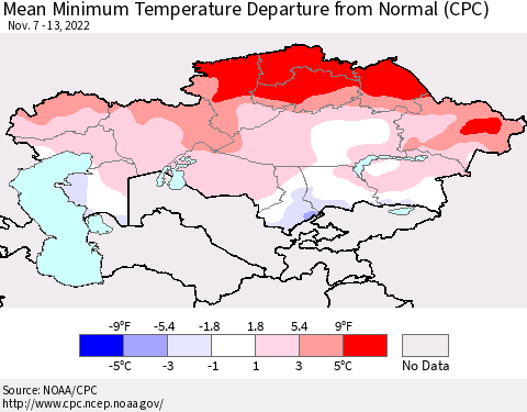 Kazakhstan Mean Minimum Temperature Departure from Normal (CPC) Thematic Map For 11/7/2022 - 11/13/2022