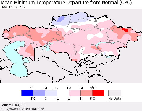 Kazakhstan Mean Minimum Temperature Departure from Normal (CPC) Thematic Map For 11/14/2022 - 11/20/2022