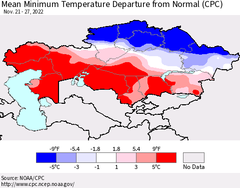 Kazakhstan Mean Minimum Temperature Departure from Normal (CPC) Thematic Map For 11/21/2022 - 11/27/2022