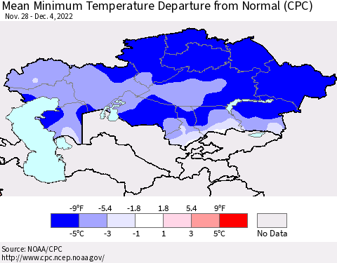 Kazakhstan Mean Minimum Temperature Departure from Normal (CPC) Thematic Map For 11/28/2022 - 12/4/2022