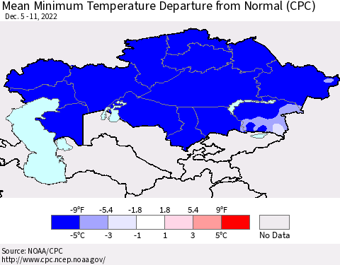 Kazakhstan Mean Minimum Temperature Departure from Normal (CPC) Thematic Map For 12/5/2022 - 12/11/2022