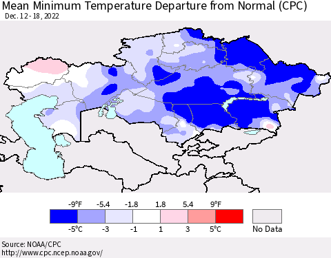 Kazakhstan Mean Minimum Temperature Departure from Normal (CPC) Thematic Map For 12/12/2022 - 12/18/2022