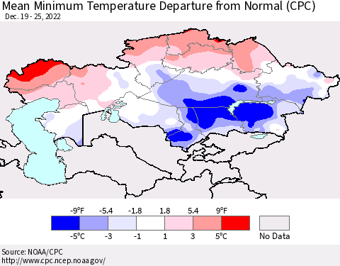 Kazakhstan Mean Minimum Temperature Departure from Normal (CPC) Thematic Map For 12/19/2022 - 12/25/2022