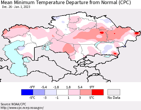 Kazakhstan Mean Minimum Temperature Departure from Normal (CPC) Thematic Map For 12/26/2022 - 1/1/2023