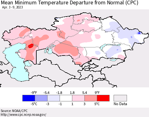 Kazakhstan Mean Minimum Temperature Departure from Normal (CPC) Thematic Map For 4/3/2023 - 4/9/2023