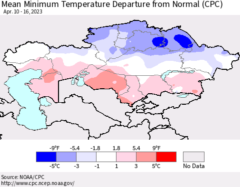Kazakhstan Mean Minimum Temperature Departure from Normal (CPC) Thematic Map For 4/10/2023 - 4/16/2023