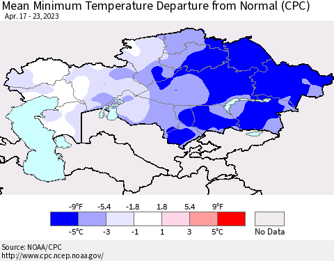 Kazakhstan Mean Minimum Temperature Departure from Normal (CPC) Thematic Map For 4/17/2023 - 4/23/2023