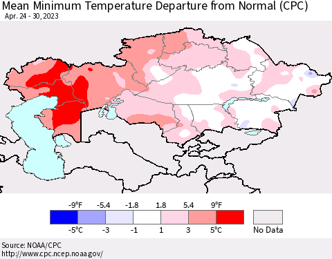 Kazakhstan Mean Minimum Temperature Departure from Normal (CPC) Thematic Map For 4/24/2023 - 4/30/2023