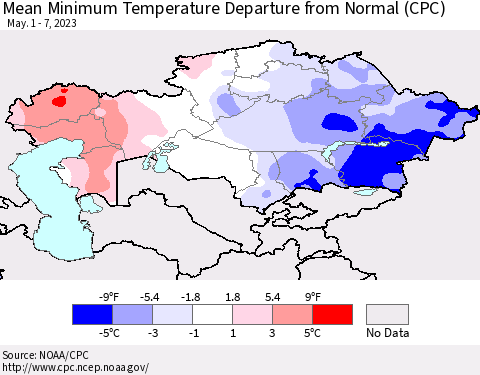Kazakhstan Mean Minimum Temperature Departure from Normal (CPC) Thematic Map For 5/1/2023 - 5/7/2023