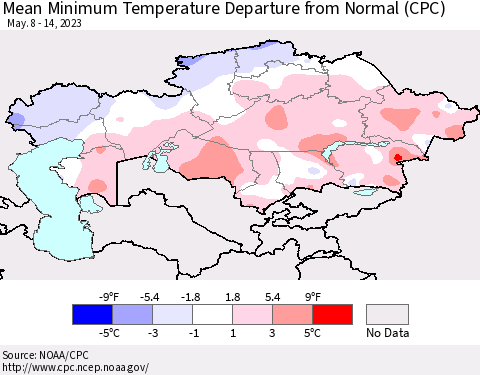 Kazakhstan Mean Minimum Temperature Departure from Normal (CPC) Thematic Map For 5/8/2023 - 5/14/2023