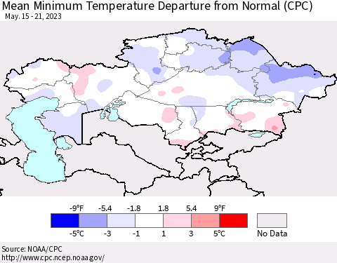 Kazakhstan Mean Minimum Temperature Departure from Normal (CPC) Thematic Map For 5/15/2023 - 5/21/2023