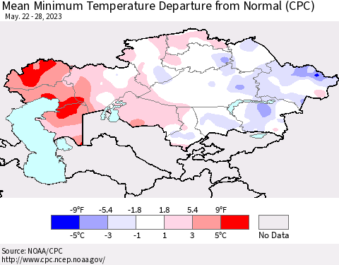 Kazakhstan Mean Minimum Temperature Departure from Normal (CPC) Thematic Map For 5/22/2023 - 5/28/2023