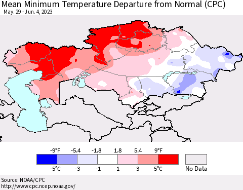Kazakhstan Mean Minimum Temperature Departure from Normal (CPC) Thematic Map For 5/29/2023 - 6/4/2023