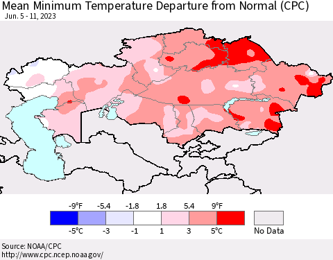 Kazakhstan Mean Minimum Temperature Departure from Normal (CPC) Thematic Map For 6/5/2023 - 6/11/2023