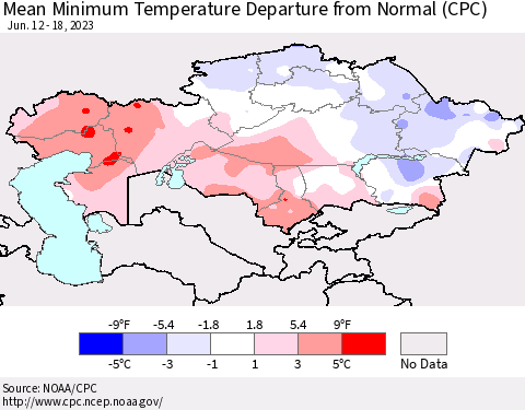 Kazakhstan Mean Minimum Temperature Departure from Normal (CPC) Thematic Map For 6/12/2023 - 6/18/2023