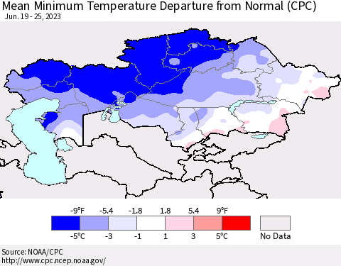 Kazakhstan Mean Minimum Temperature Departure from Normal (CPC) Thematic Map For 6/19/2023 - 6/25/2023