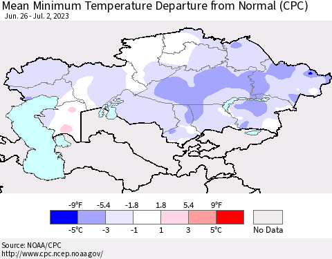 Kazakhstan Mean Minimum Temperature Departure from Normal (CPC) Thematic Map For 6/26/2023 - 7/2/2023