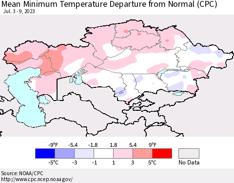 Kazakhstan Mean Minimum Temperature Departure from Normal (CPC) Thematic Map For 7/3/2023 - 7/9/2023
