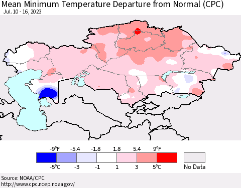 Kazakhstan Mean Minimum Temperature Departure from Normal (CPC) Thematic Map For 7/10/2023 - 7/16/2023