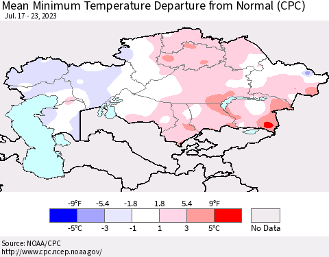 Kazakhstan Mean Minimum Temperature Departure from Normal (CPC) Thematic Map For 7/17/2023 - 7/23/2023