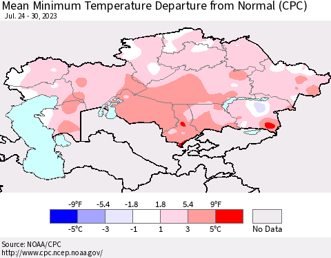 Kazakhstan Mean Minimum Temperature Departure from Normal (CPC) Thematic Map For 7/24/2023 - 7/30/2023